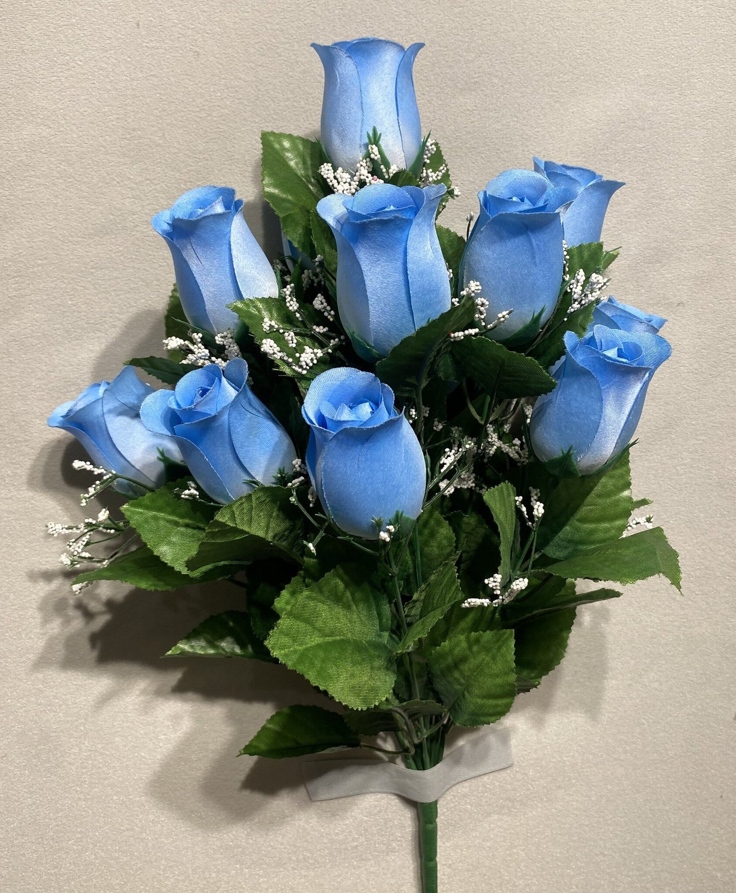 LARGE ROSE BUD X12 WITH GYPSO  LIGHT BLUE - 45343