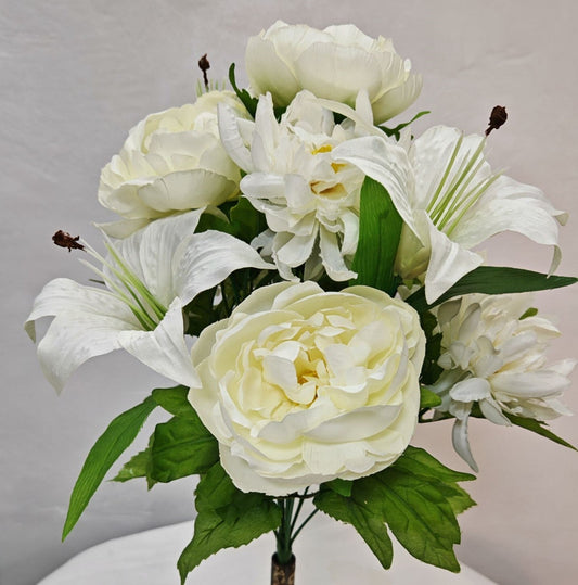 CREAM AND WHITE MIXED PEONY LILY MUM BUSH X12 - 45401