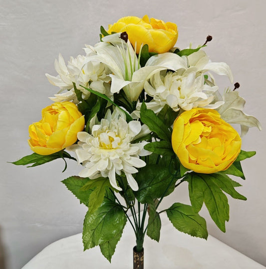 YELLOW AND WHITE MIXED PEONY LILY MUM BUSH X12 - 45402