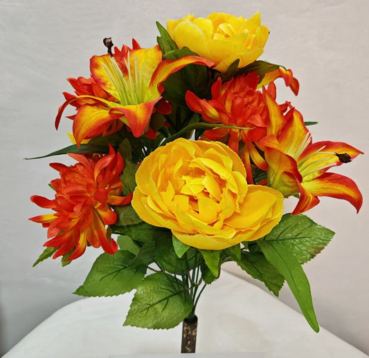 ORANGE AND YELLOW MIXED PEONY LILY MUM BUSH MX X12 - 45403