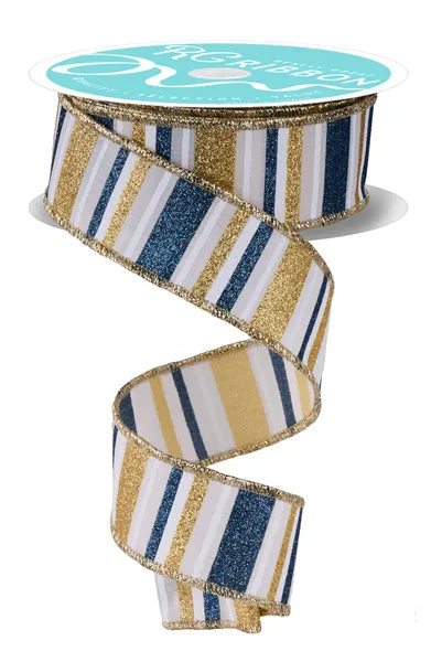 1.5" x 10yd Horizontal Stripe-Crm/Smoke Blue/Gld/Wht-RGF1918C2