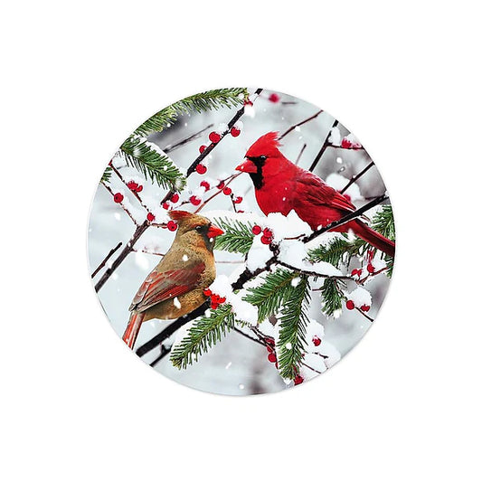8"DIA METAL CARDINALS ON SNOWY BRANCH- WHITE/RED/BROWN/GREEN- MD0960