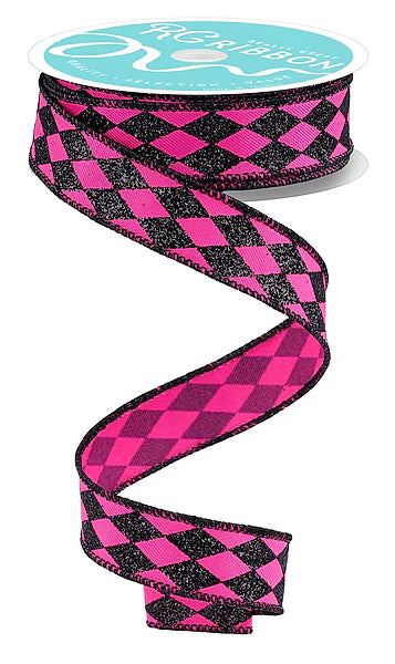 7/8"X10YD GLITTER HARLEQUIN- FUCHSIA/BLACK- RGH751483