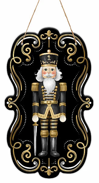 11.5"HX6.75"L HARLEQUIN NUTCRACKER SIGN- BLACK/GOLD/WHITE- MD1794E5
