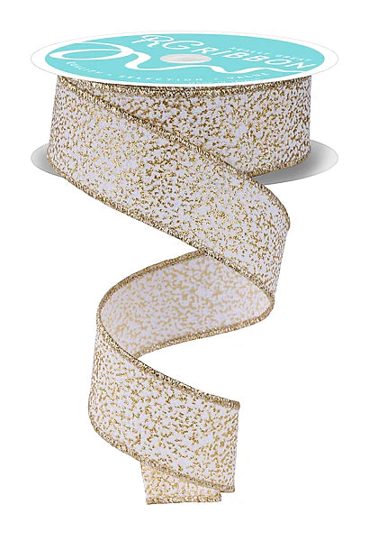 1.5"X10YD SNOW GLITTER- WHITE/GOLD- RGF181308