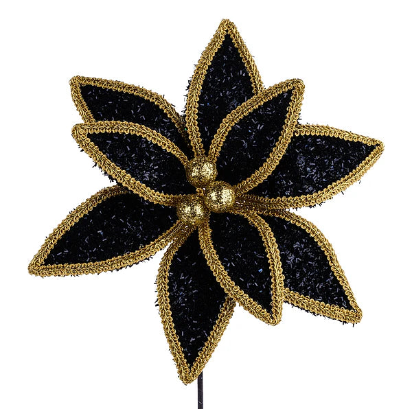 14"L V GLITTER/LACE EDGE POINSETTIA PICK- BLACK/GOLD- XS418202