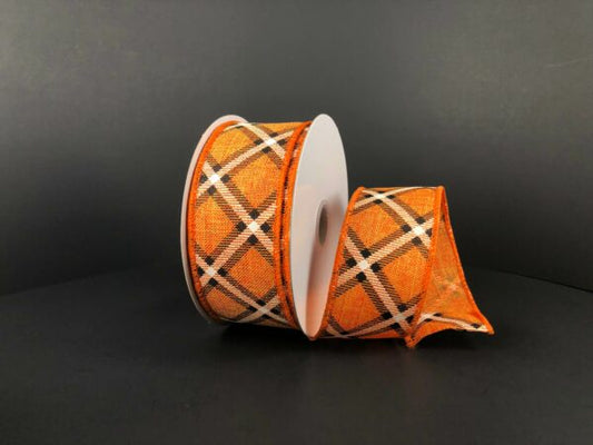 1.5" Linen Asher Plaid Ribbon: Orange, Black & White (10 Yards) - 51211-09-19