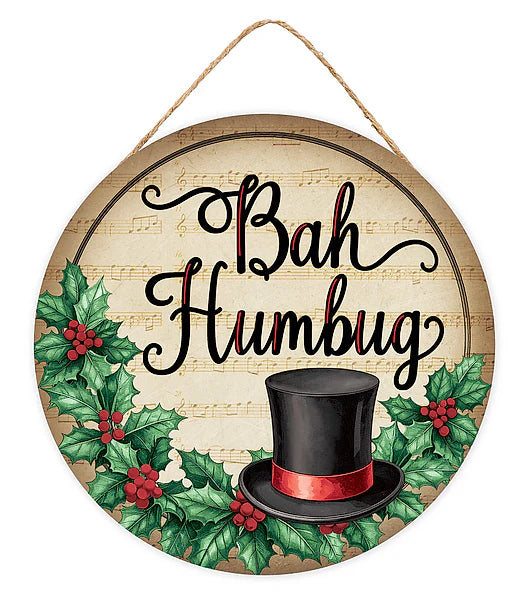10.5"DIA X 6MM THICK BAH HUMBUG SIGN- CREAM/BLACK/RED/EMERALD- AP7451