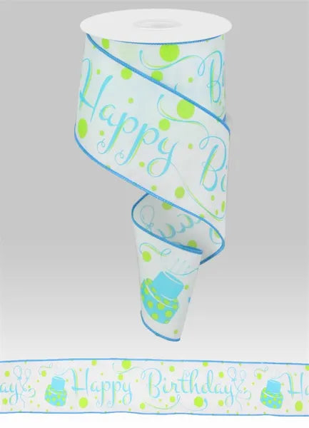 2.5" x 10yd Happy Birthday-White/Lime/Turquoise-RG01366A2