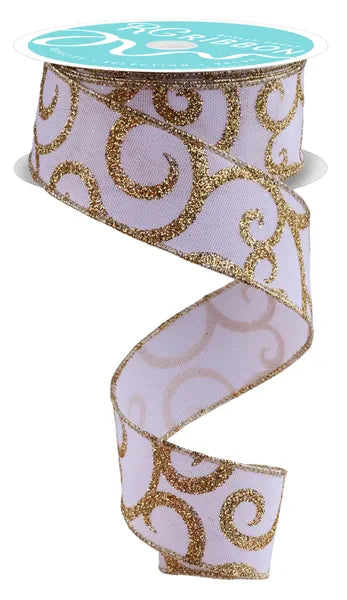 1.5" x 10yd Glitter Swirl-White/Gold-RGF1786C6