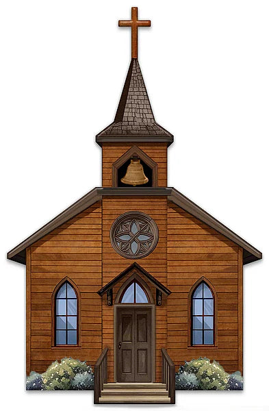 14"H X 9"L METAL/EMBOSSED WOOD CHURCH- BROWN/BLUE- MD181404