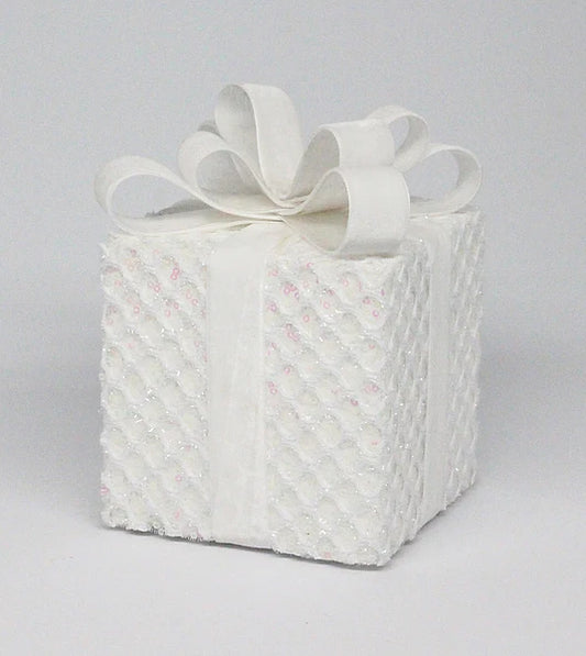 6.75"H X 4.75"SQ SEQUIN/TINSEL GIFT BOX- WHITE/IRIDESCENT- XC8374ER