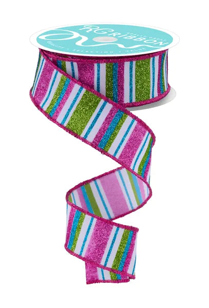 1.5" x 10yd Horizontal Stripe-White/Lime/Hot Pink/Turq-RGF1912A2