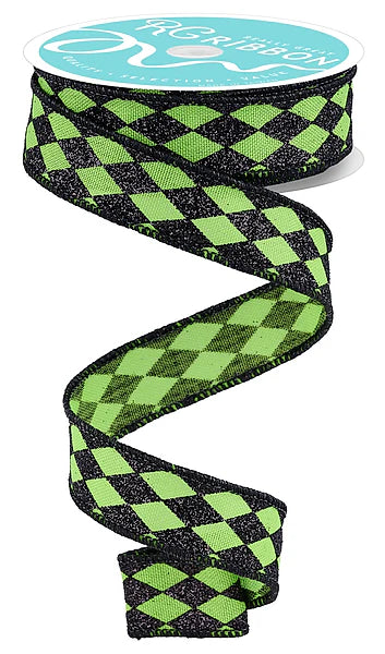 7/8"X10YD GLITTER HARLEQUIN- FRESH GREEN/BLACK- RGH7440LT