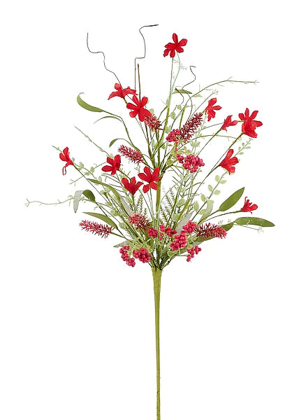 24"L FABRIC FLOWER/EVA LEAF/BEADS SPRAY- RED- FH807124