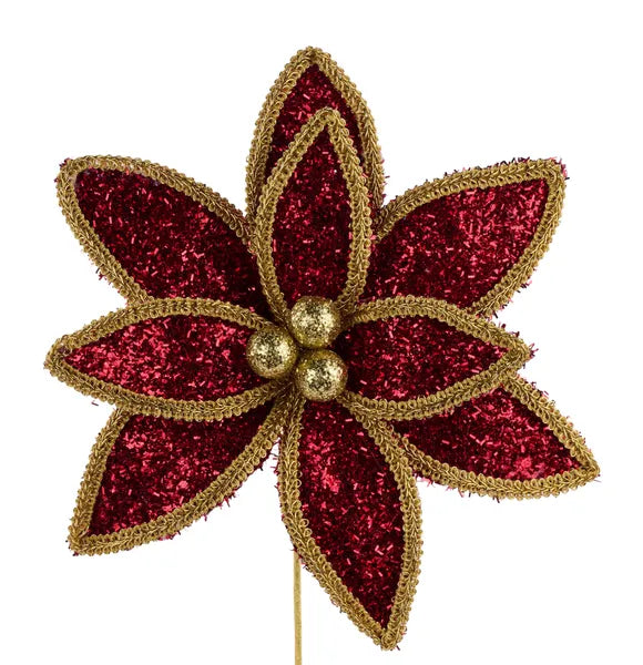 14"L V Glitter/Lace Edge Poinsettia Pick-Burgundy/Gold-XS418205