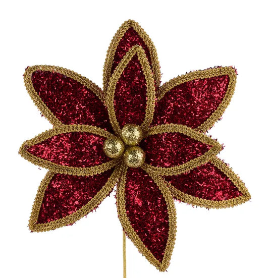 14"L V Glitter/Lace Edge Poinsettia Pick-Burgundy/Gold-XS418205