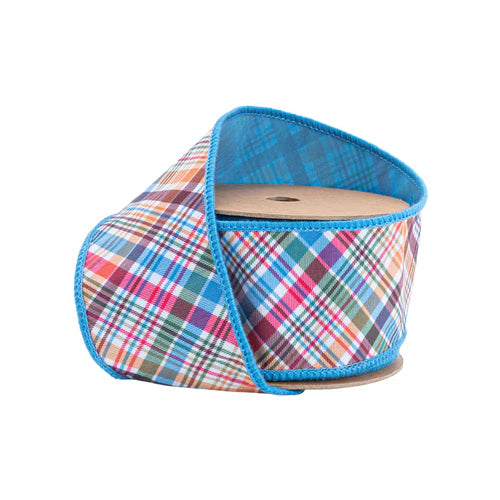 2 1/2" X 10 YD Wired Ribbon-Earth Tone Plaid Bias Cut w/ Blue Backing-6929W-327-63E