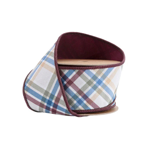 2 1/2" X 10 YD Wired Ribbon-Green/Brown/Blue Plaid Bias Cut w/ Brown Backing-6929W-850-63E