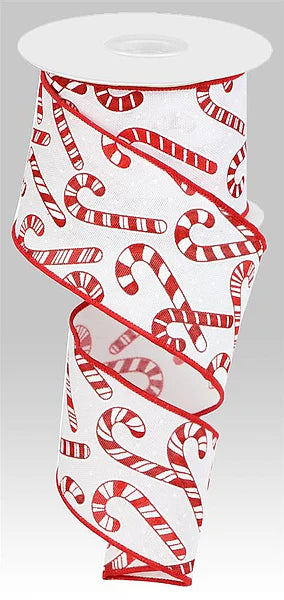 2.5"X10YD CANDY CANES ON FAUX ROYAL- WHITE/RED- RGC143927