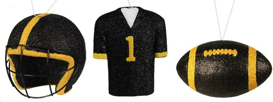 3 ASST FOOTBALL/HELMET/JERSEY ORNAMENT-BLACK/YELLOW-MS1300E3