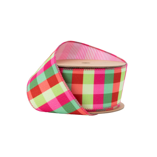 2 1/2" Velvet Ribbon |Fluorescent Pink/Green Plaid w/ Pink Stripe Backing-PINK/GREEN-7119W-005-63E