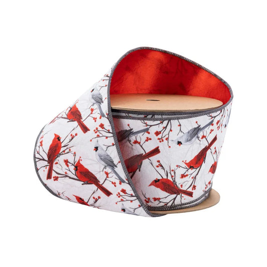 4" x 10 yd Wired Velvet White and Red Cardinals with Red Backing-7128W-010-100E