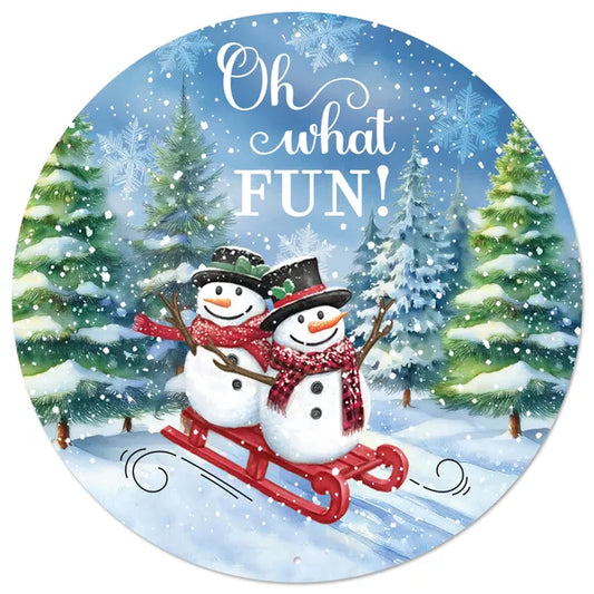 12"Dia Metal Oh What Fun! Snowman Sign-Blue/White/Green/Red-MD1679