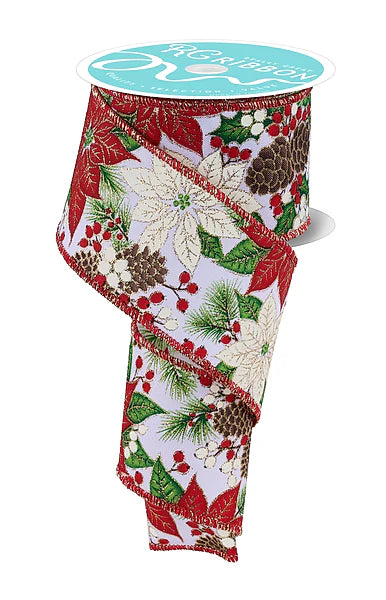 2.5"X10YD POINSETTIA FOLIAGE/PINECONES- WHITE/BRN/GRN/IVORY/GOLD- RGF176127