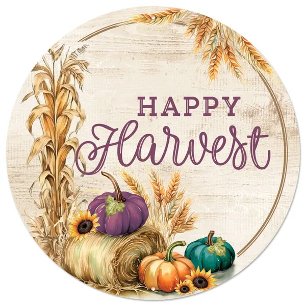 12"DIA METAL HAPPY HARVEST SIGN-NATURAL/ORANGE/PLUM/TEAL-MD161793