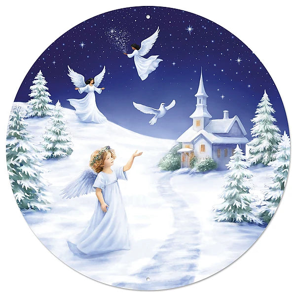12"DIA ANGEL/WINTER SCENE SIGN- WHITE/BLUE/GREEN- MD1668
