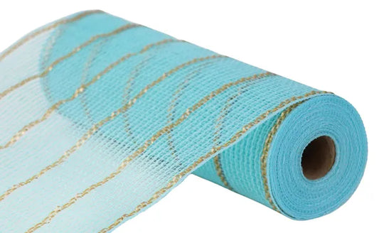 10.25" x 10yd Poly/Faux Jute/Matte Mesh- Ice Blue/Gold-RY8329AM