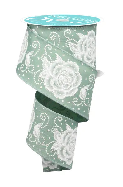 2.5" x 10yd Raised Roses-Sage Green/White-RGF1608H2