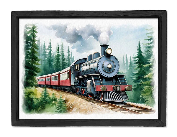 12"H X 16"L TRAIN LANDSCAPE W/FRAME- BLACK/BLUE/GREEN/RED- AP0425