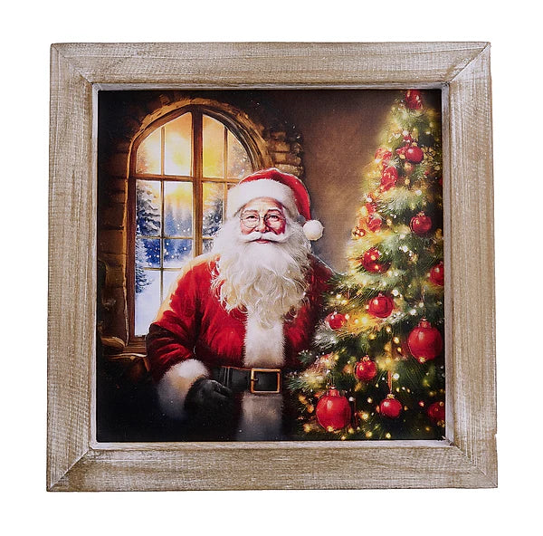 8"SQ WOOD SANTA CLAUS SIGN- RED/WHITE/GREEN/BROWN- XC6355