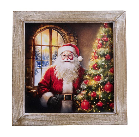 8"SQ WOOD SANTA CLAUS SIGN- RED/WHITE/GREEN/BROWN- XC6355