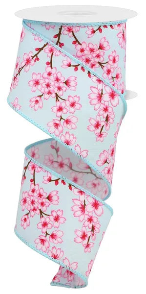 2.5" x 10yd Blossoms On Diagonal Weave-White/Lt Blue/Pink/Brown-RGE107414