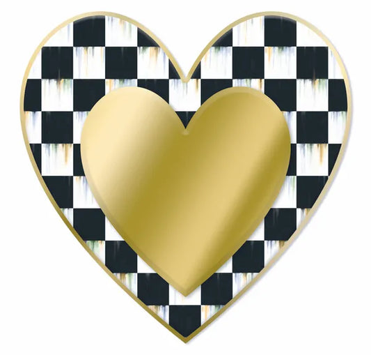 12"Hx12"L Metal/Embossed Checkered Heart-Gold/White/Black-MD157908