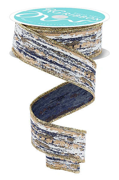 1.5"X10YD GLITTER/METALLIC STREAKS- NAVY/CREAM/GOLD- RGH152619