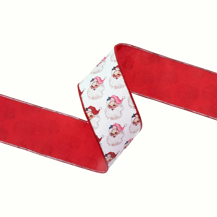 2 1/2" Wired Reversible Dupioni | Santa Face w/ Pink and Red Backing | 10 Yard Roll