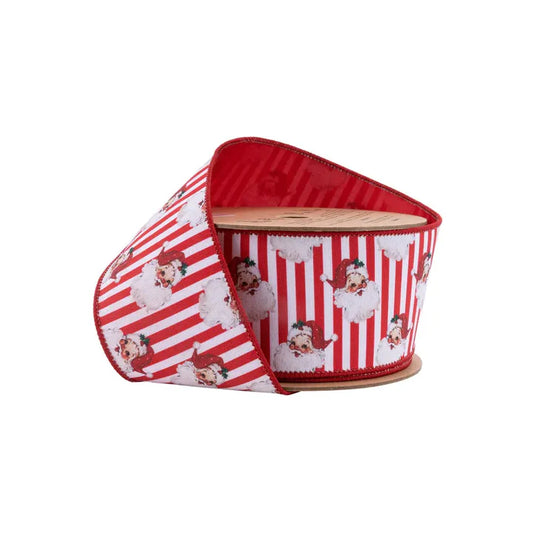 2 1/2" X 10 YD Wired Reversible Dupioni | Santa Face Red and White Stripe-RED/WHITE-8112W-010-63E