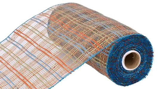 10"X10YD VERTICAL FOIL PLAID MESH-SMOKE BLUE/ORG/GOLD/SAGE-RE1368XF