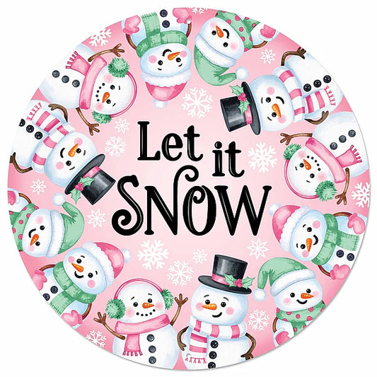 12"DIA "LET IT SNOW" W/SNOWMAN SIGN- PINK/WHITE/MINT- MD1896M1