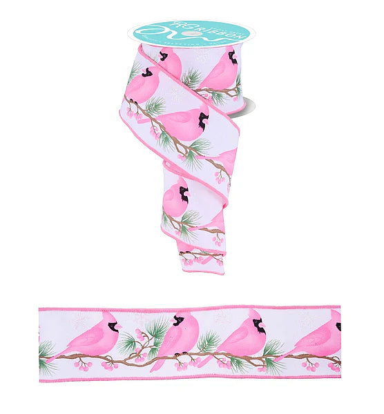 2.5"X10YD CARDINAL ON BRANCH- WHITE/MULTI PINK/SAGE- RGF1986WT