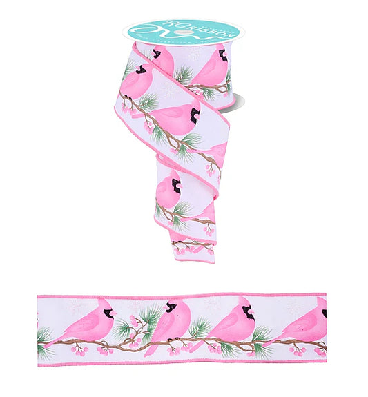 2.5"X10YD CARDINAL ON BRANCH- WHITE/MULTI PINK/SAGE- RGF1986WT