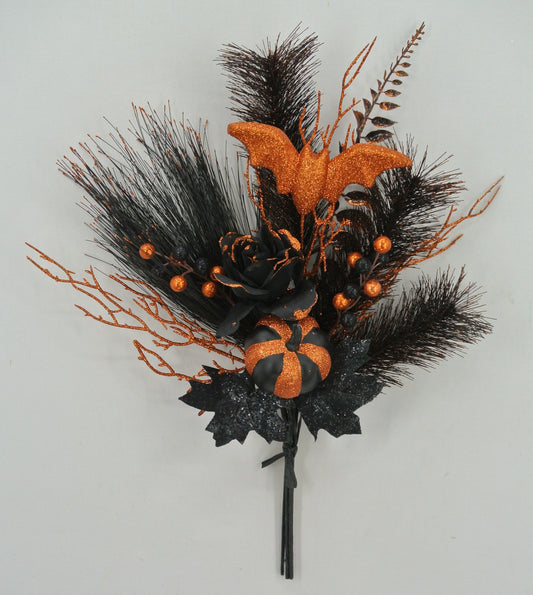 20 IN BLACK AND ORANGE PUMPKIN, BAT AND PINE HALLOWEEEN SPRAY - 84440