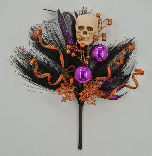 20 IN ORANGE, BLACK and PURPLE SKULL, ORNAMENT and PINE HALLOWEEN SPRAY - 84442