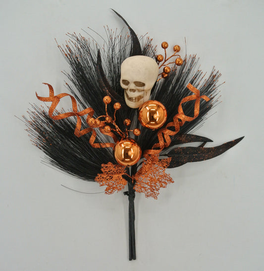 20 IN ORANGE AND BLACK SKULL, ORNAMENT AND PINE HALLOWEEEN SPRAY - 84443