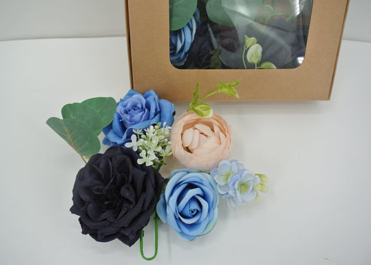 BLACK BLUE ROSE RANUNCULUS CABBAGE CORSAGE - 85036-BKBL