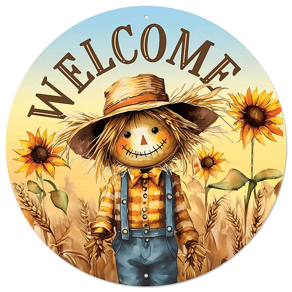 12"DIA METAL WELCOME W/SCARECROW SIGN- BROWN/YELLOW/BLUE- MD1580